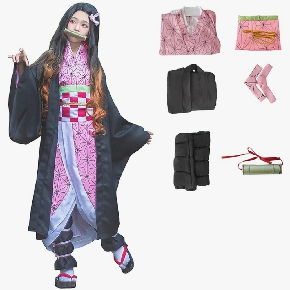 Cosplay Costume Kamado Kimono Cosplay with Black Robe